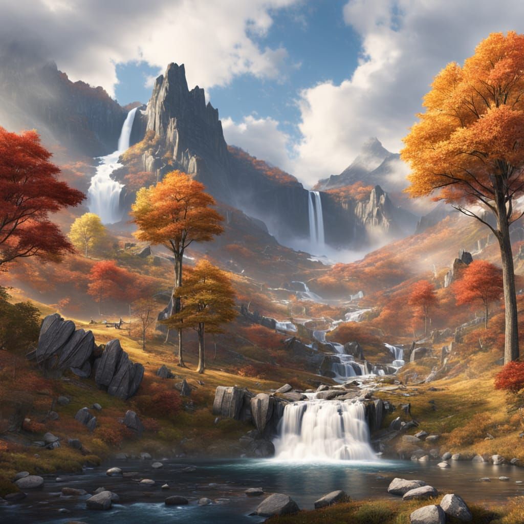 a waterfall in the mountains during autumn 65