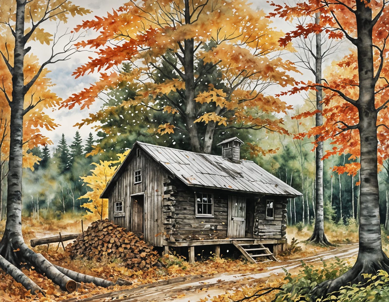 Overgrown Maple Shack in Watercolor Style