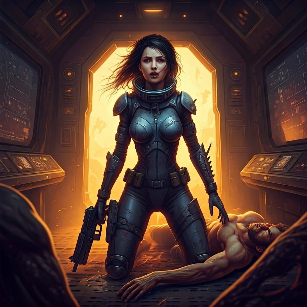 Space Warrior Defends Ship in Dark Fantasy Style