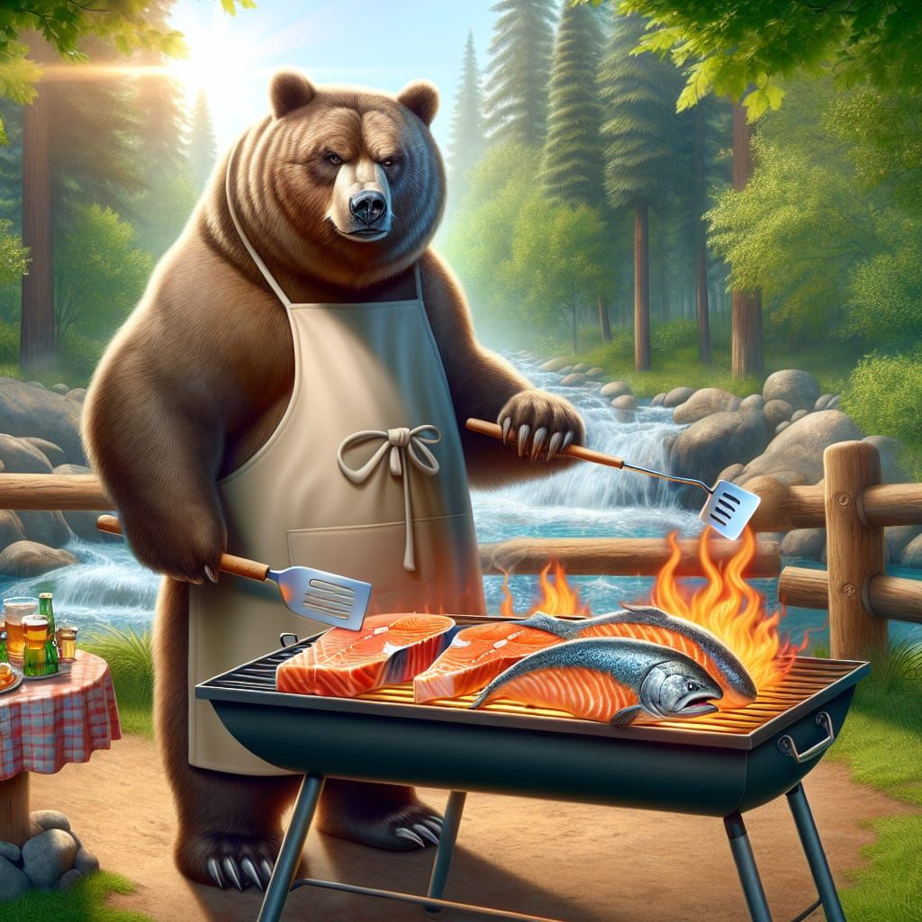Cartoon Grizzly Bear BBQ Chef in Forest