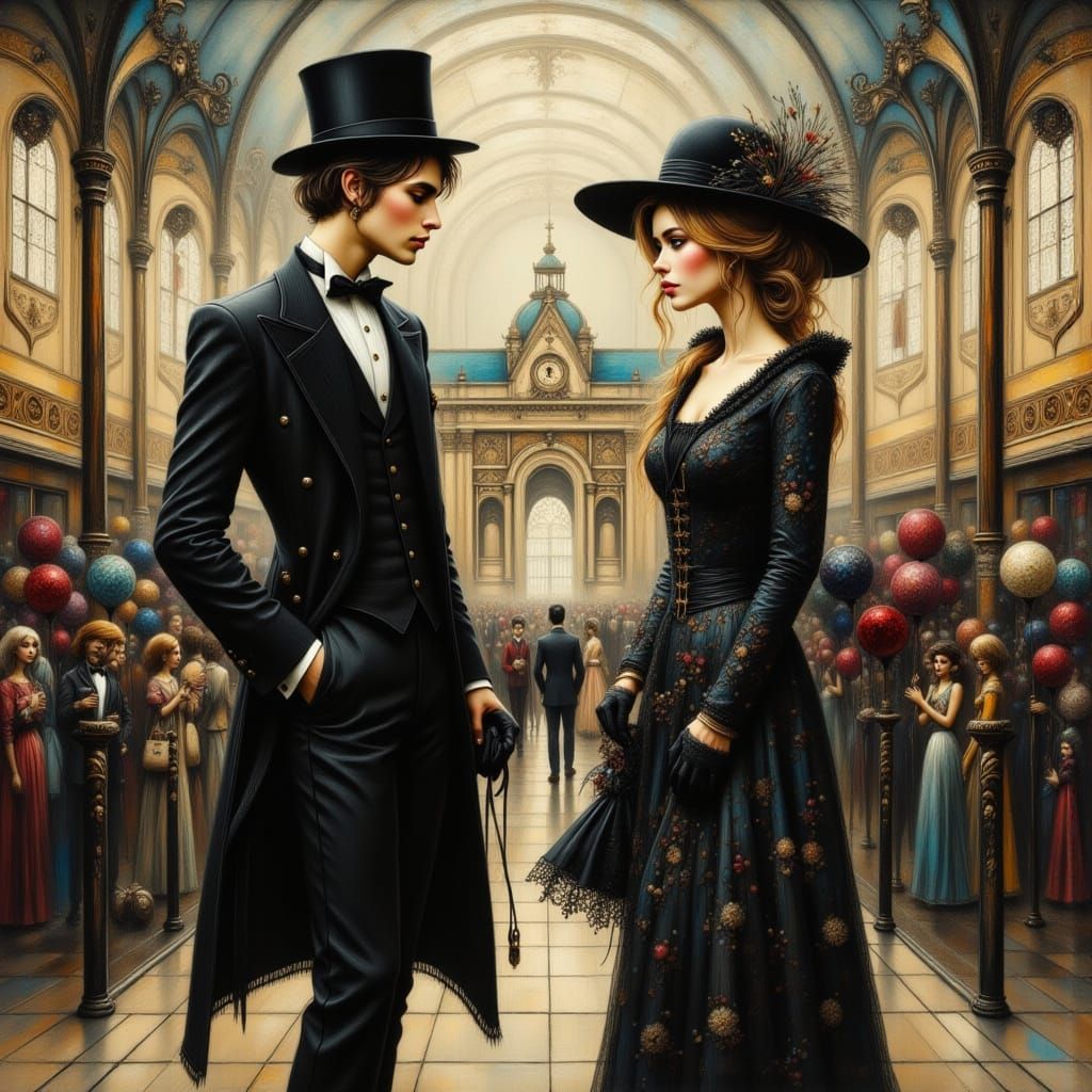 Gothic Couple in Airport, Burton and Gorey Style