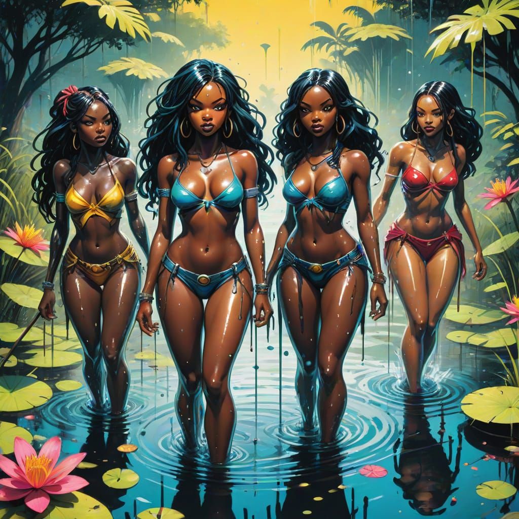 Sensual Ebony Nymphs in Vibrant Comic Book Art Style
