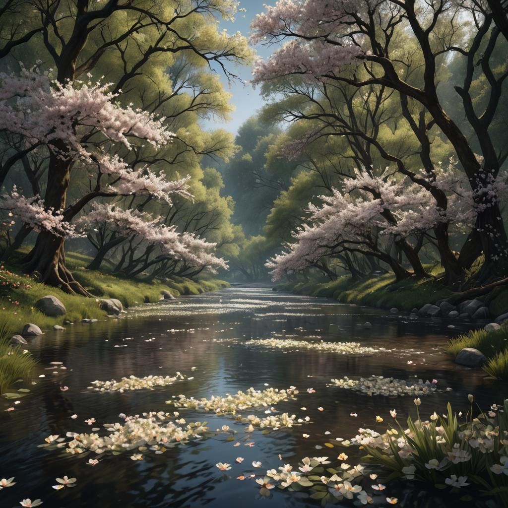 Enchanted River with Flowering Trees in Dark Fantasy Style