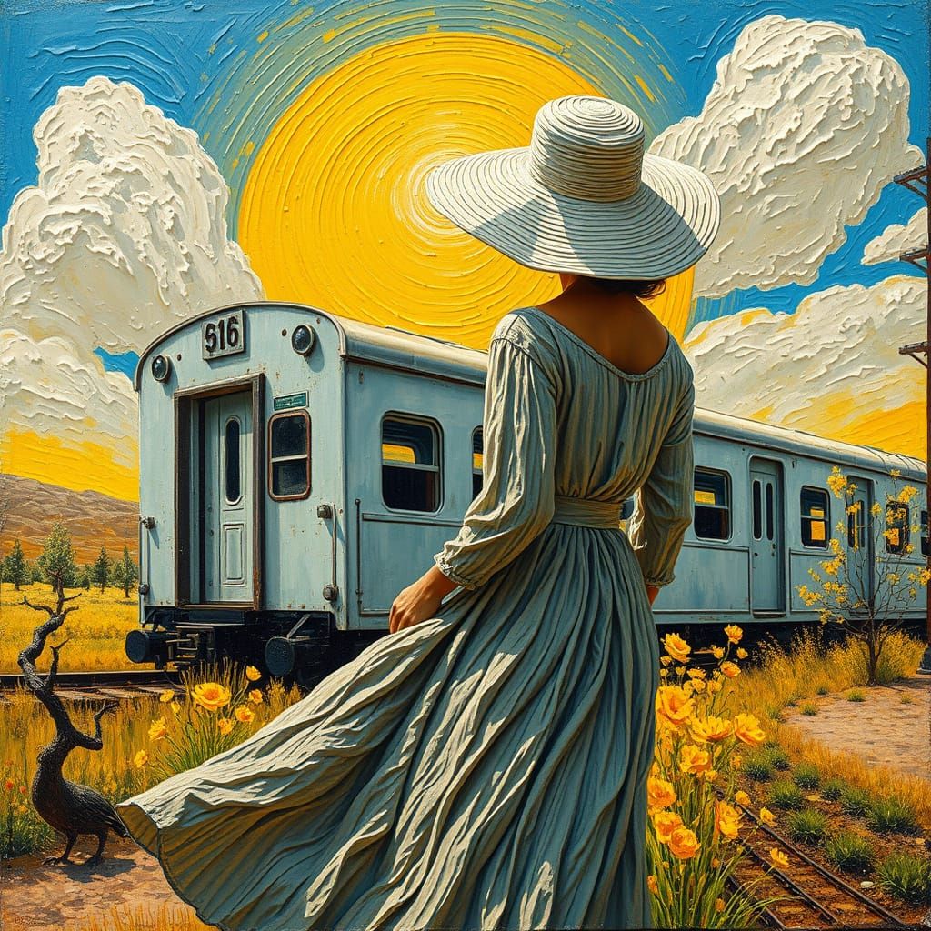 Woman in Impasto Style with Vintage Train and Blooming Lands...