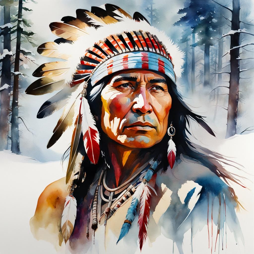 Double Exposure Portrait: Native American and Winter Forest