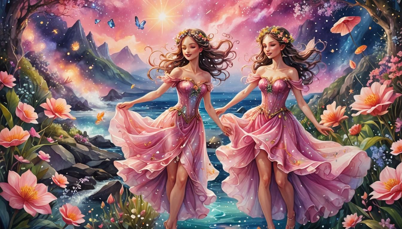 Enchanted Fairies Dancing by the Seaside: Watercolor
