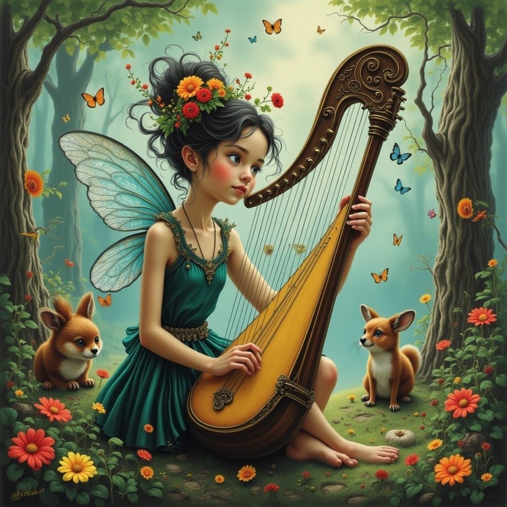 Fairy Plays Harp in Forest Watercolor