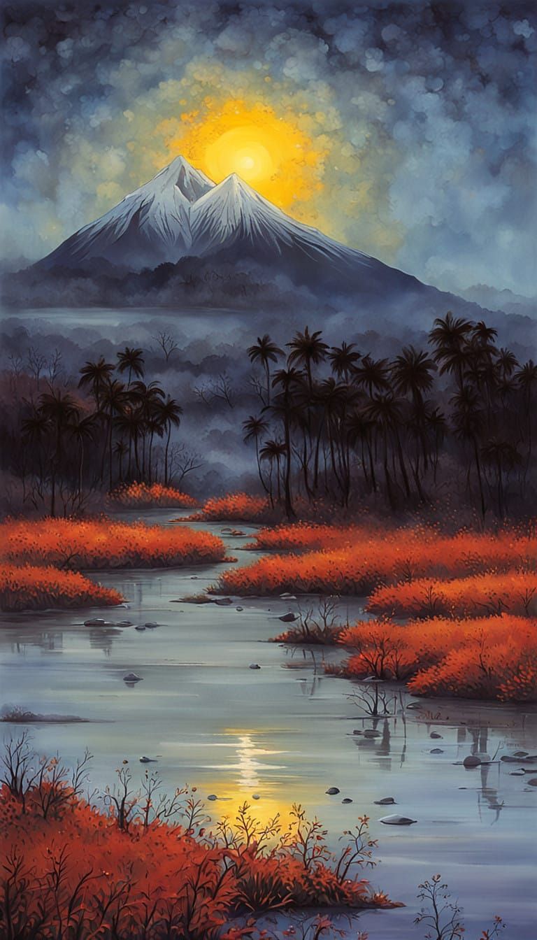 Surreal Winter Amazonian Landscape with a Snow-Capped Volcan...