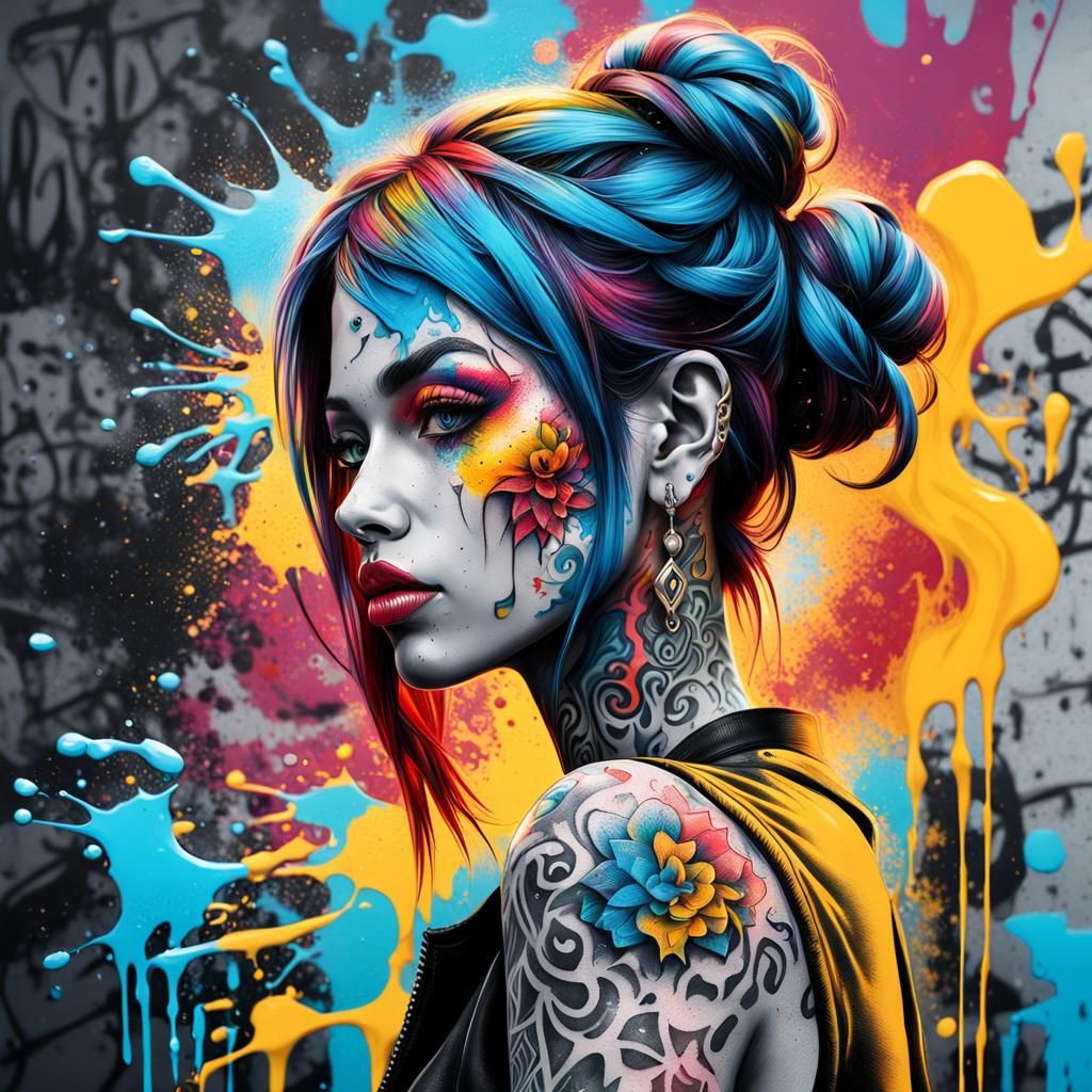 Tattoo Girl in Graffiti Splash Art Style