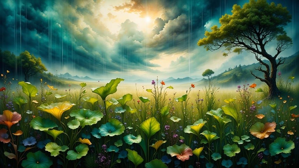 Rainy Field Under Thunderclouds in Hyperrealistic Style