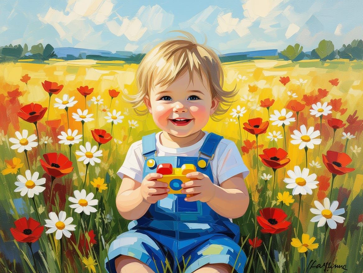 Happy Toddler in Wildflower Field, Impasto Painting