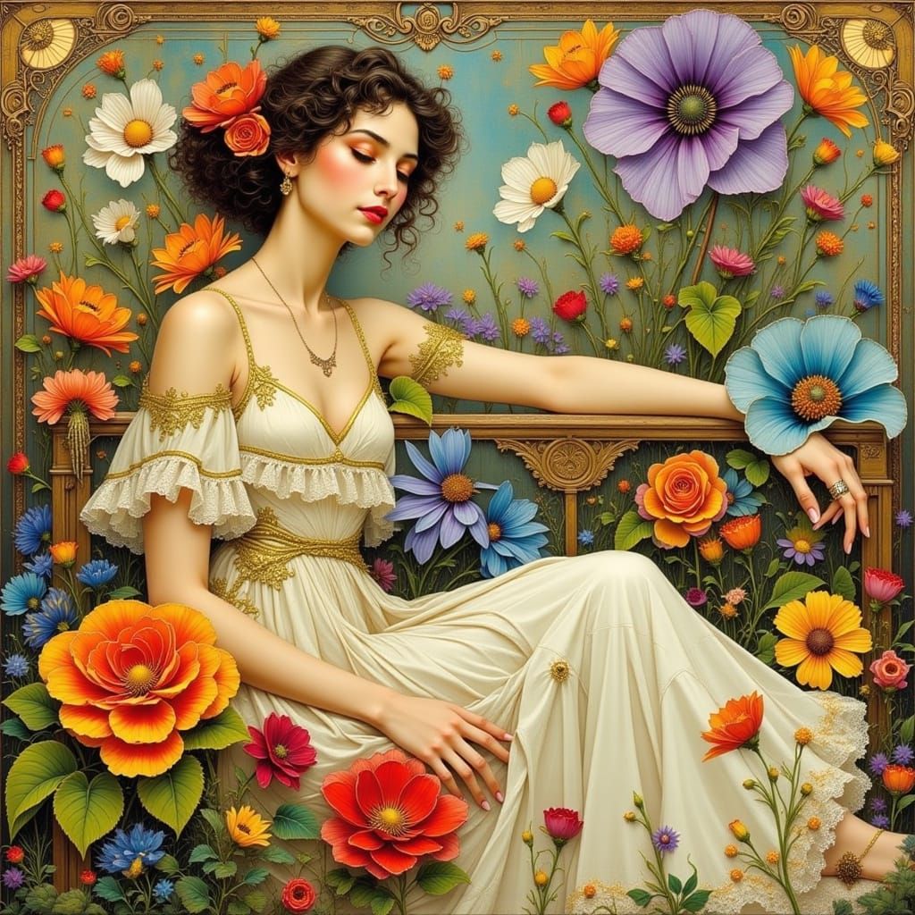 Elegant Woman Surrounded by Flowers in Art Nouveau Style