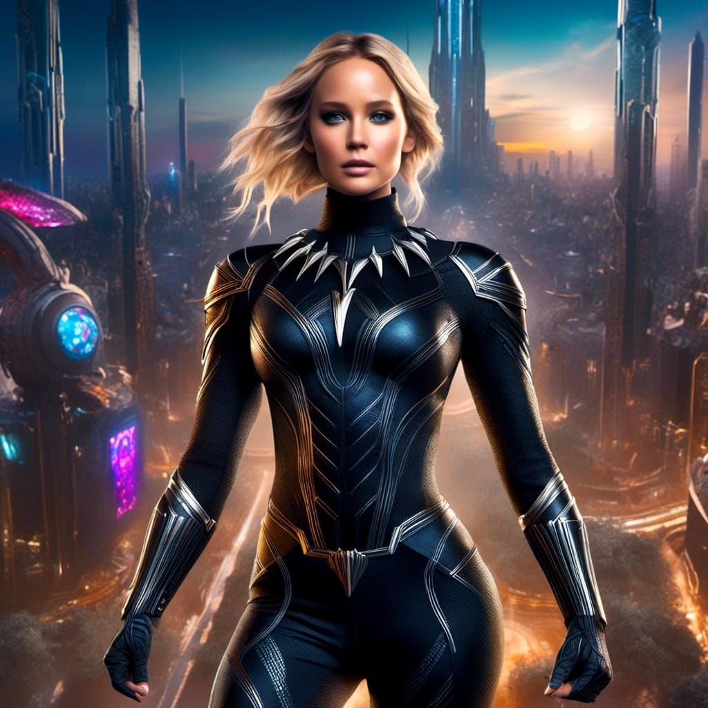 Jennifer Lawrence as Black Panther in Futuristic City