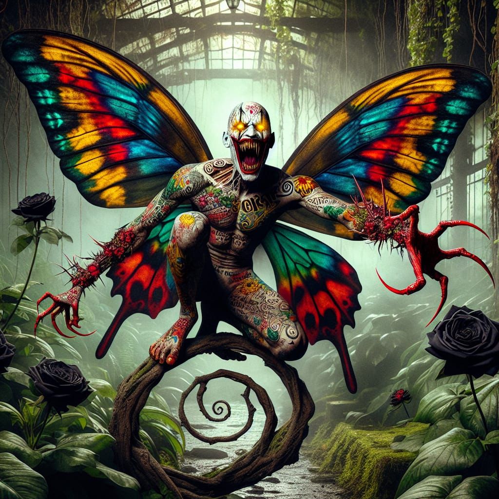 Lovecraftian Joker with Butterfly Wings in Gothic Garden