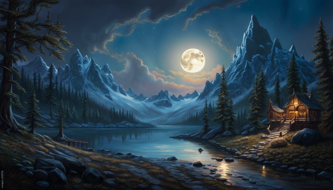 Photorealistic Moon Rise Over Skyrim Concept Art