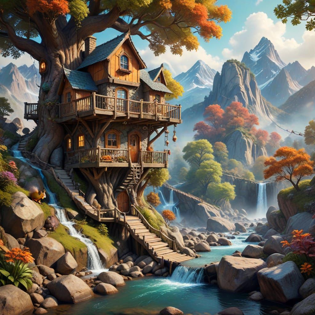 Fantasy Riverbank Scene with Treehouse in Dreamy Retro Style