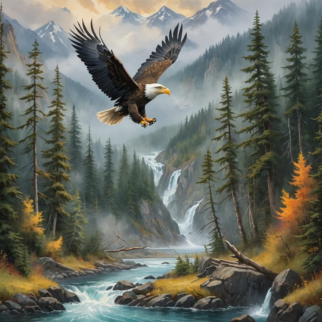 Bald Eagle Alaska Flight: Gouache Impressionist Painting