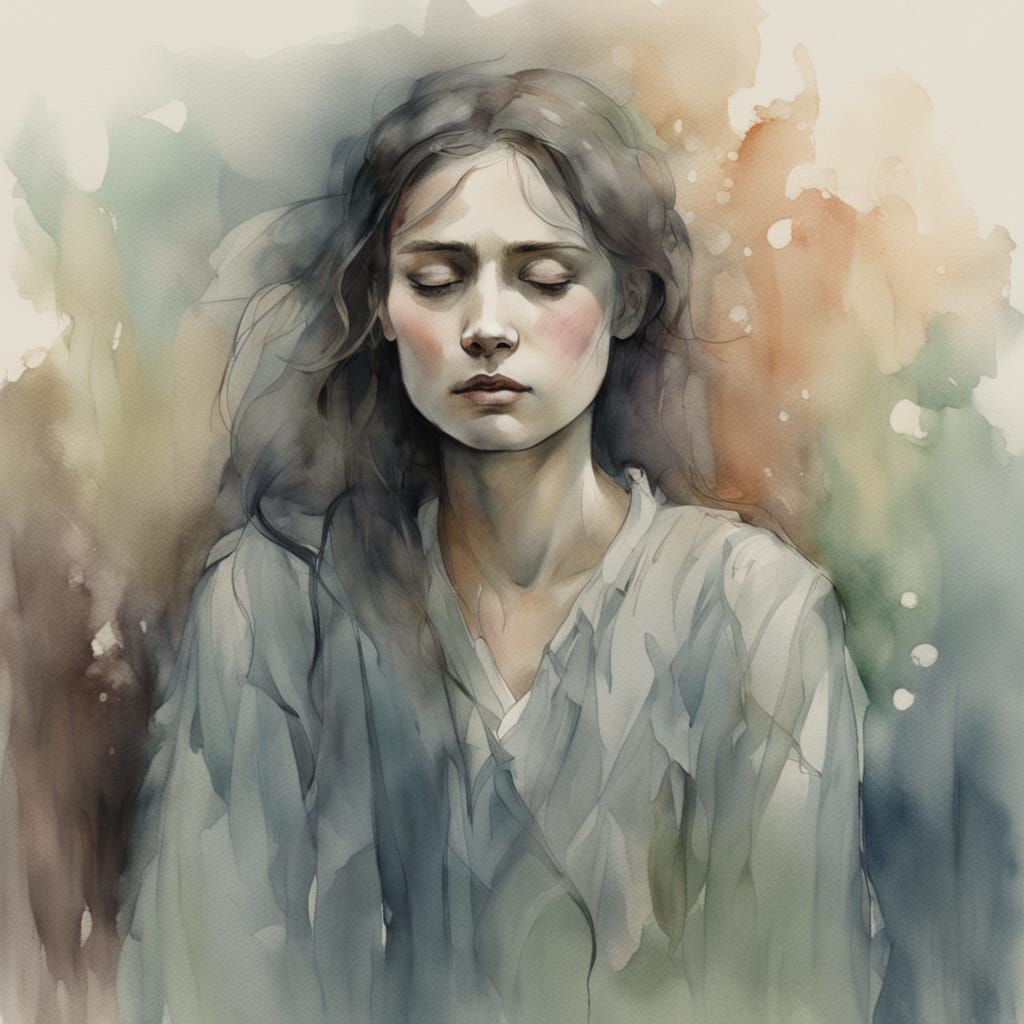 Romantic Watercolor of a Woman's Sorrowful Lament