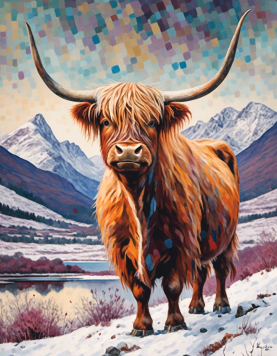 Highland Cow Portrait in Snowy Glencoe, Abstract Style