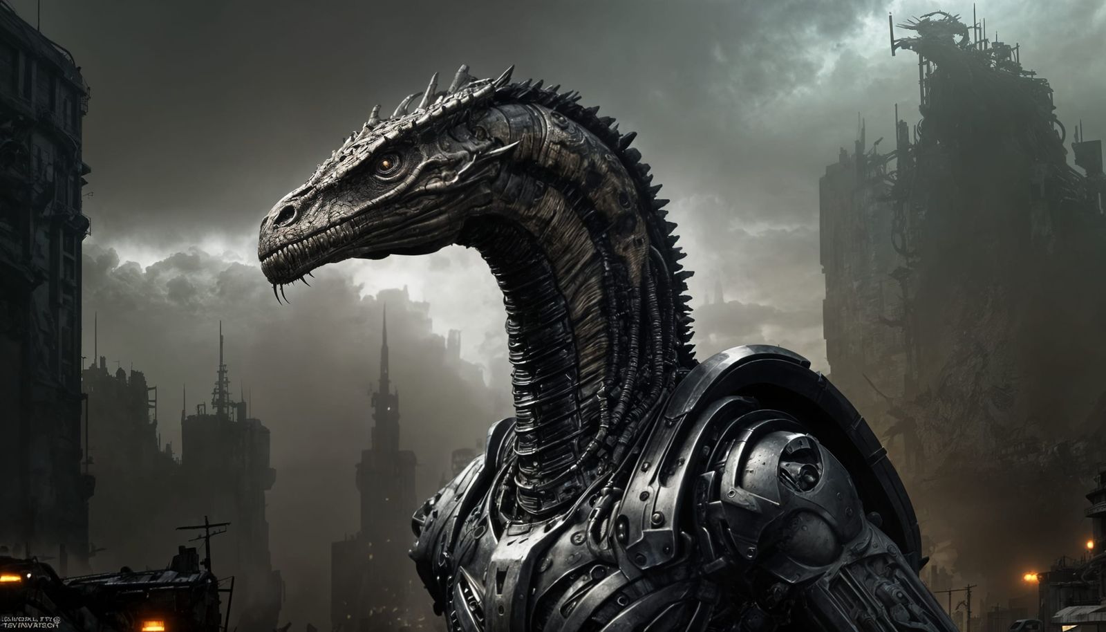 Multi-Headed Cyborg Hydra in Dystopian City