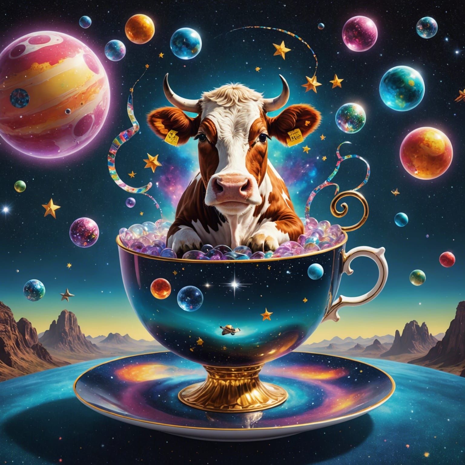 Cow on Teacup near Disco Ball in Space