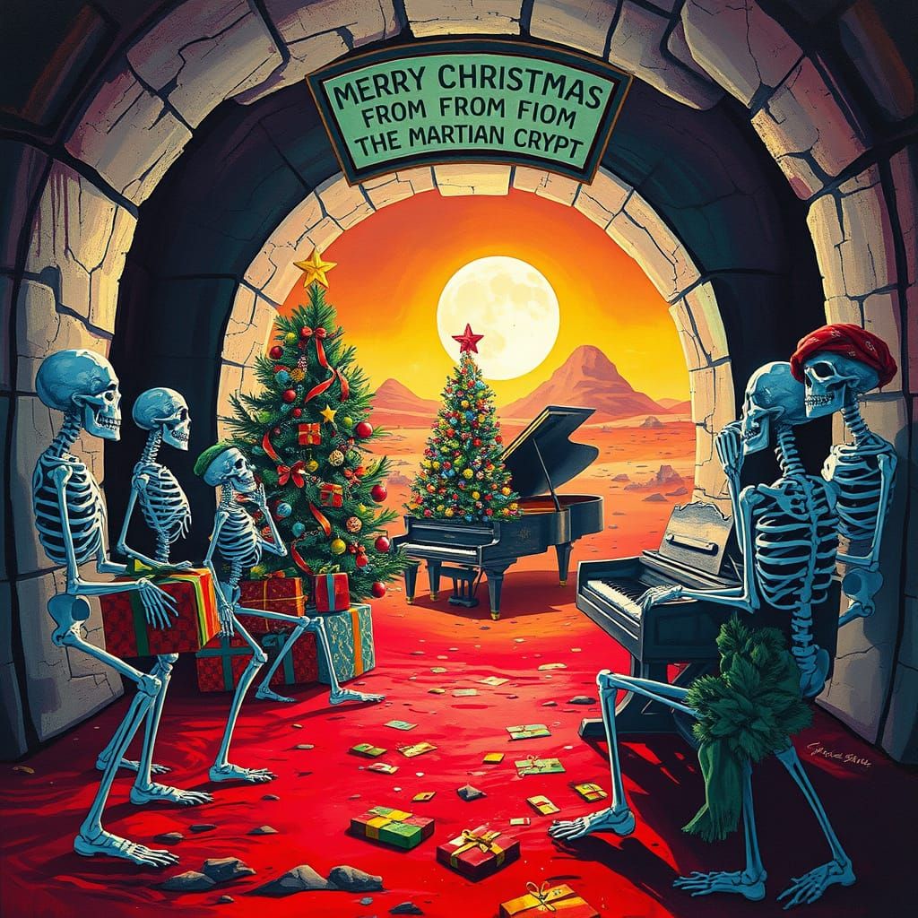 Martian Crypt Christmas Celebration with Skeletons