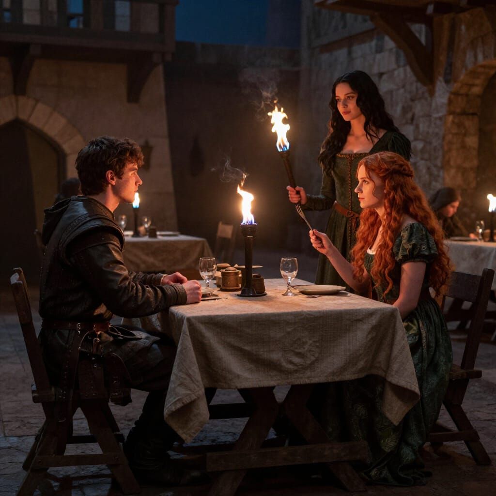 Cinematic Medieval Tavern Scene With Torchlight