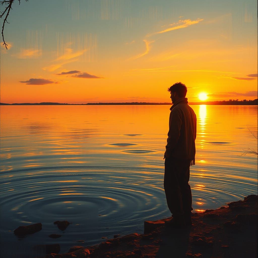 Contemplative Figure Basks in Golden Lake Light