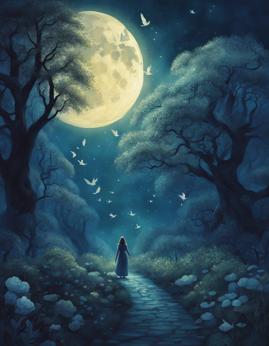 Girl Walks Through Enchanted Spring Garden Under Magical Sum...