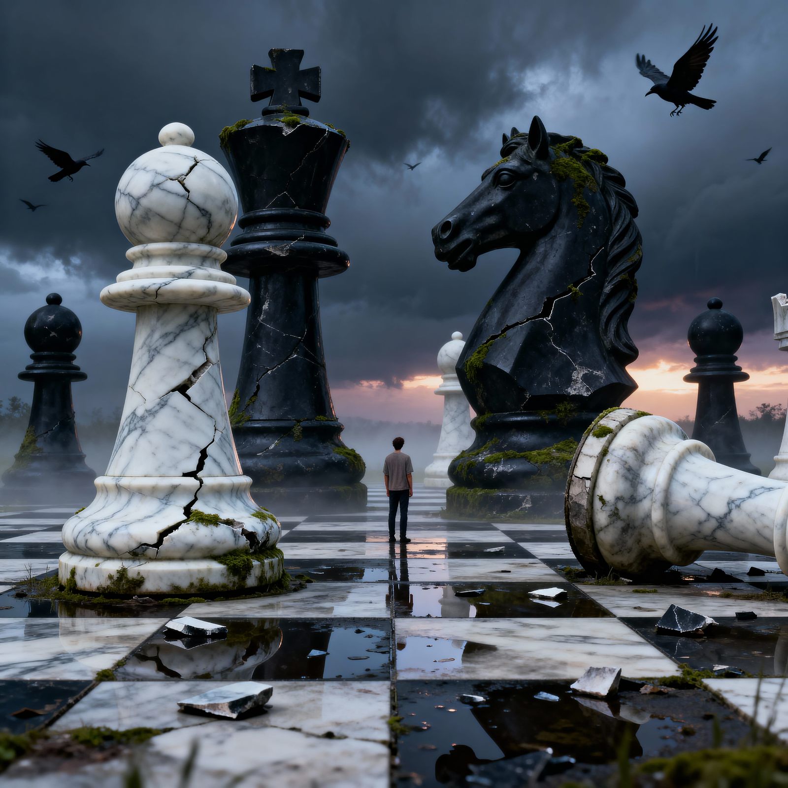 Surreal Chessboard Landscape with Towering Marble Pieces
