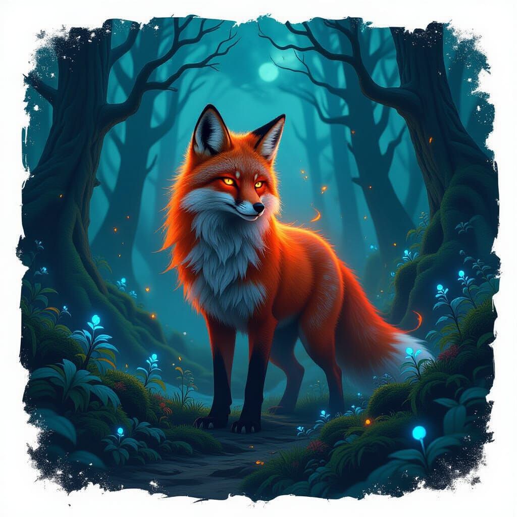 Fire Spirit in Enchanted Forest, Dark Fantasy Art