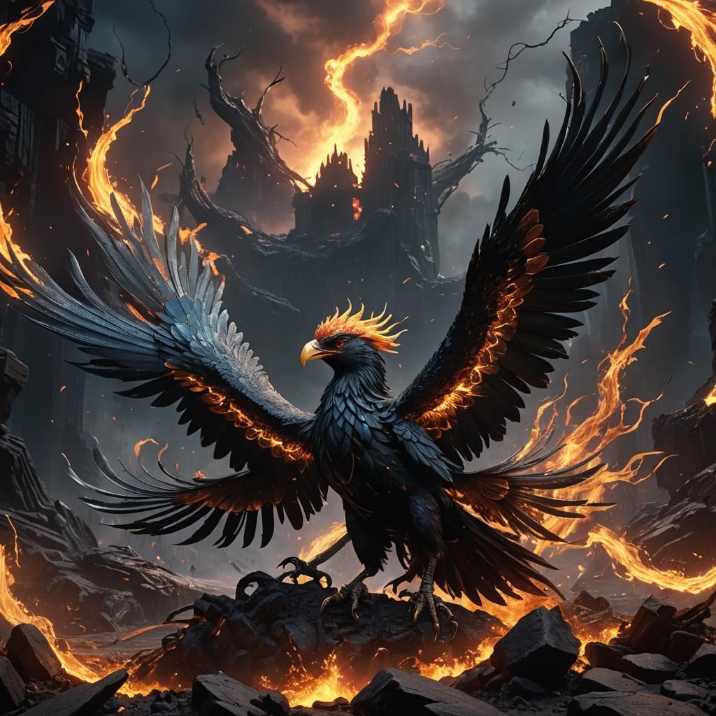 Fantasy Phoenix Rising from Molten Earth