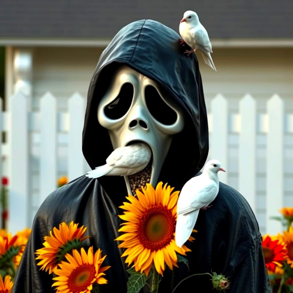 Realistic Ghostface Statue Amidst Vibrant Sunflowers in a Qu...
