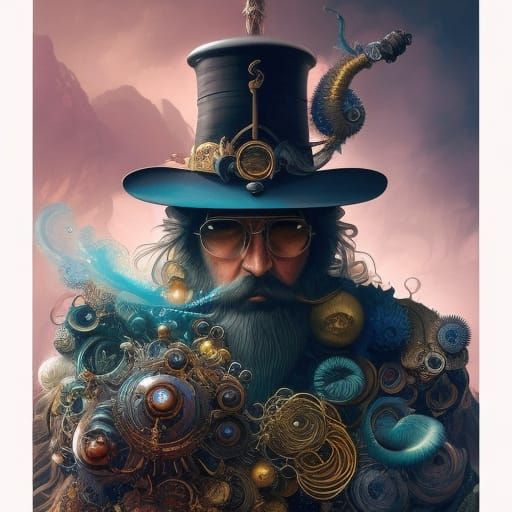 Steampunk Wizard with Molecular Earth and Gears