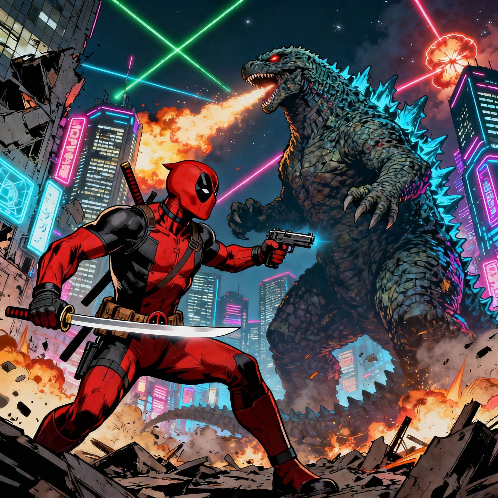 Deadpool Battles Godzilla in Futuristic Tokyo