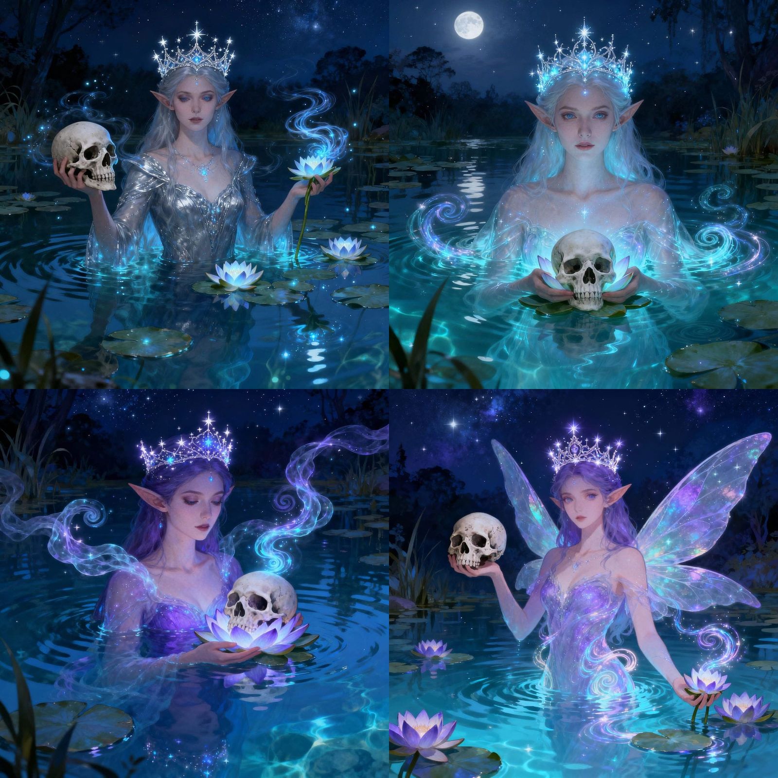 Night Fae Queen in Crystal Pond with Magic Swirls