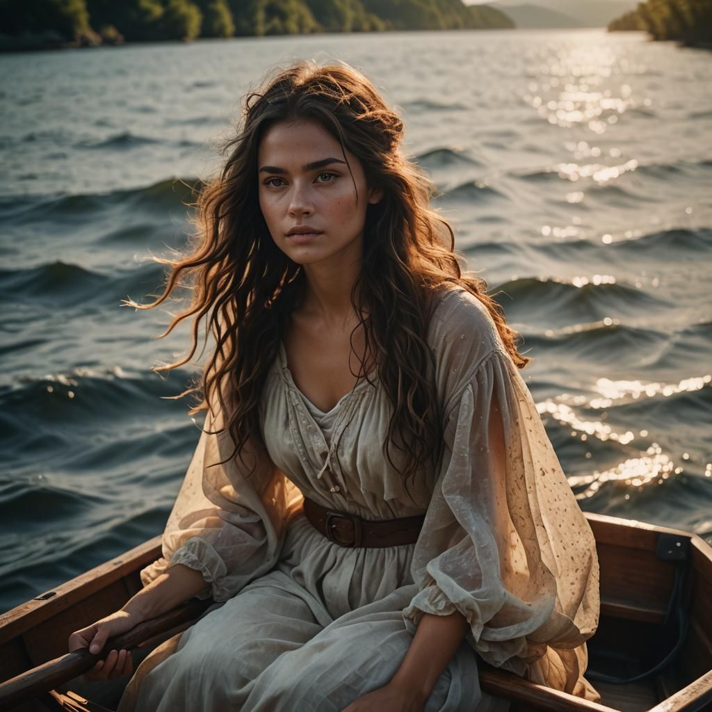 Beautiful Brown Fairy Woman in Boat at Sunset