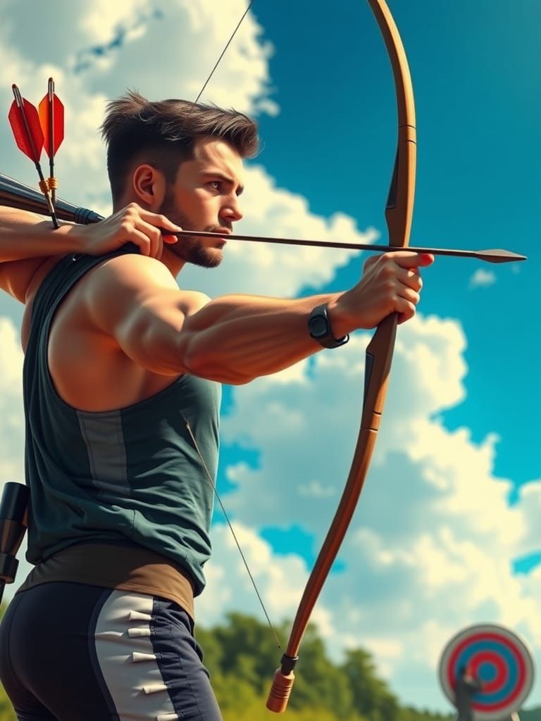 Athlete with Prosthetic Arm Shoots Bow Under Blue Sky
