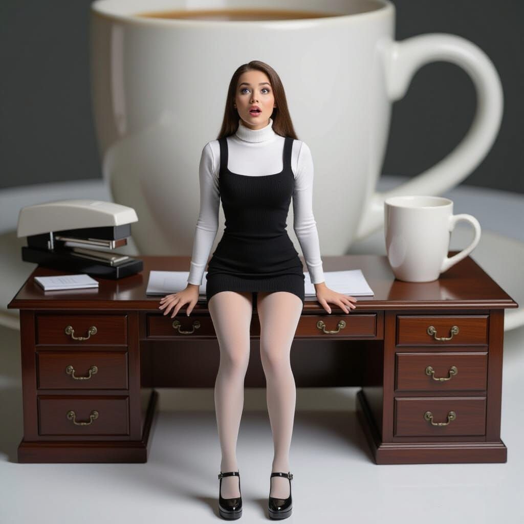 Miniature Woman in Giant Office, Cinematic Style