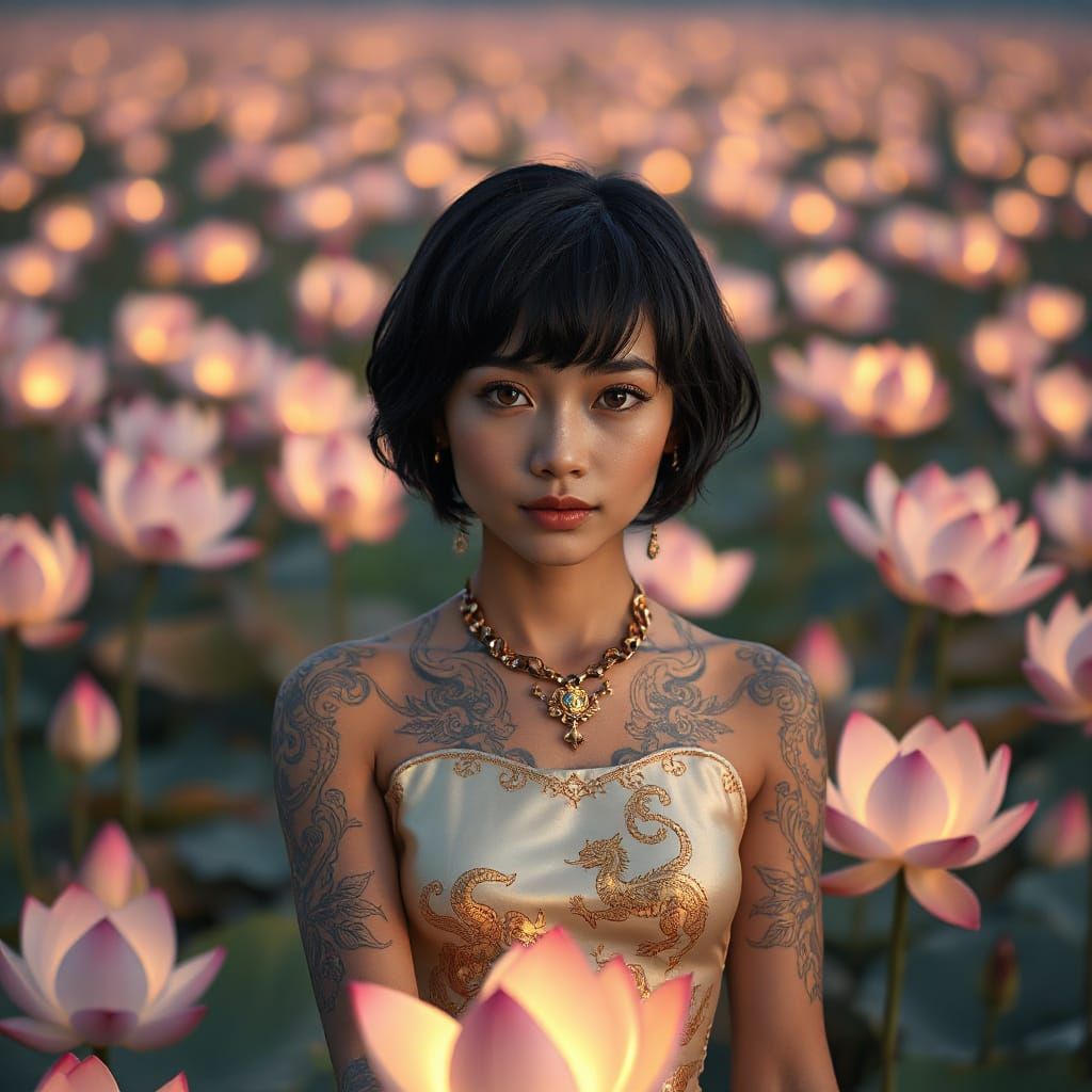 Thai Beauty with Bioluminescent Lotuses: An Art Nouveau Visi...
