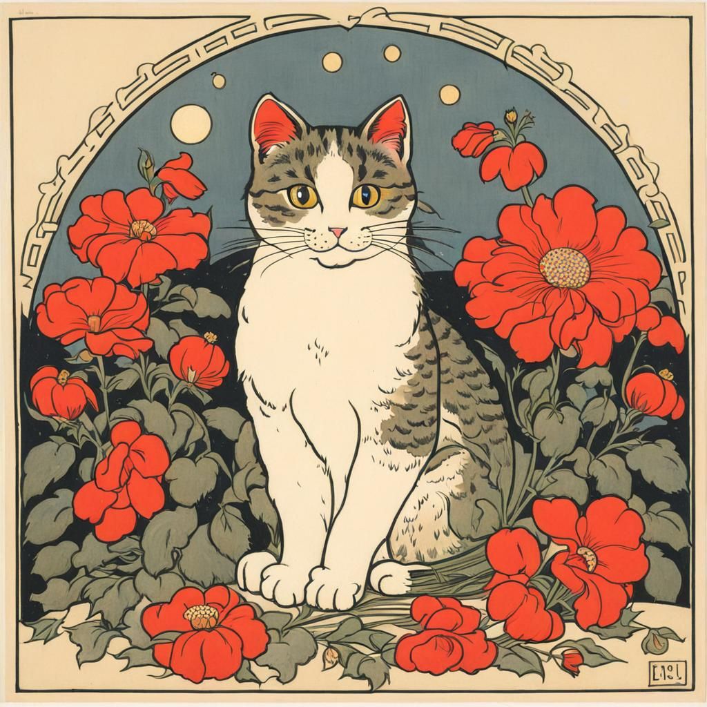 Cat on Pillow Surrounded by Flowers in Poster Art Style