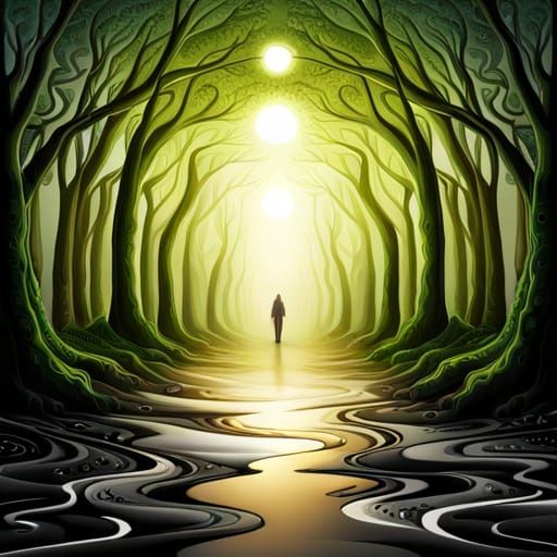 Whimsical Foggy Forest with Hidden Eyes