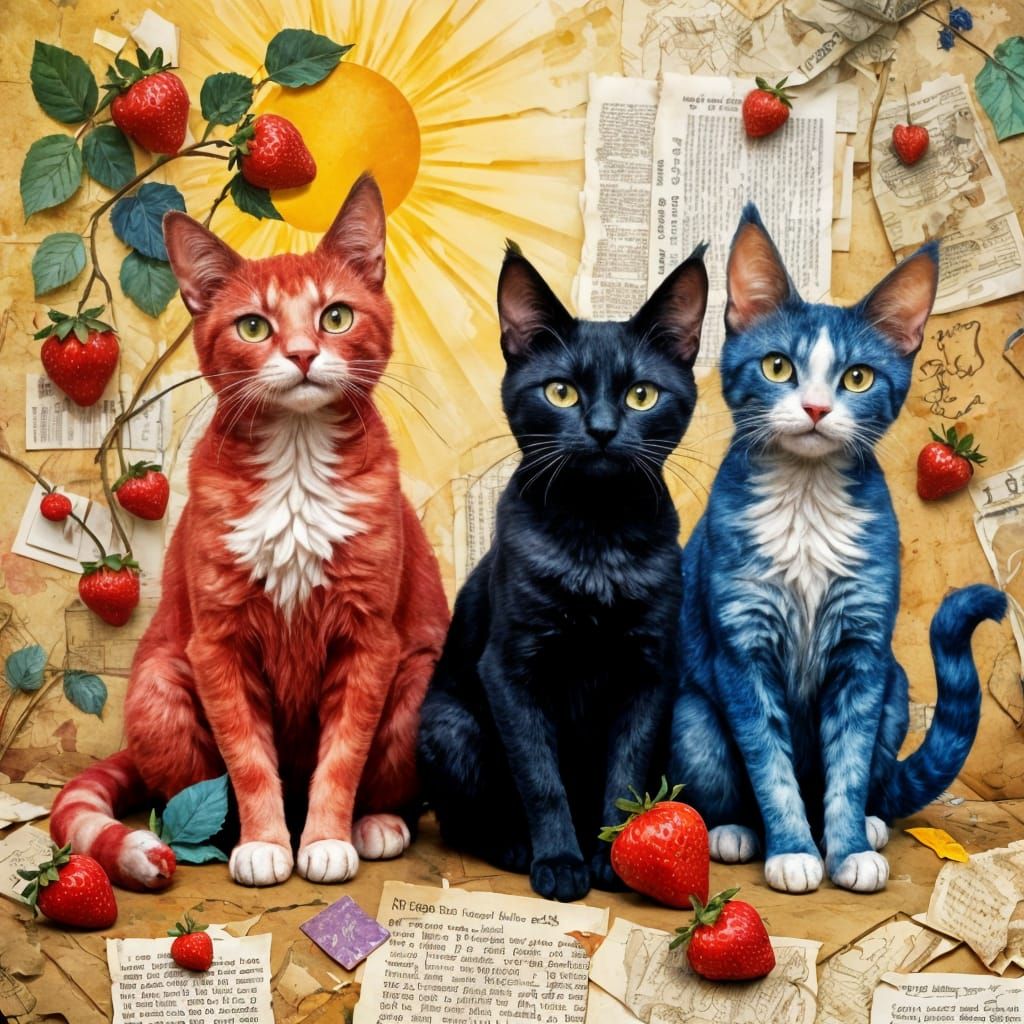 Whimsical Cats in Dreamy, Mixed-Media Landscape