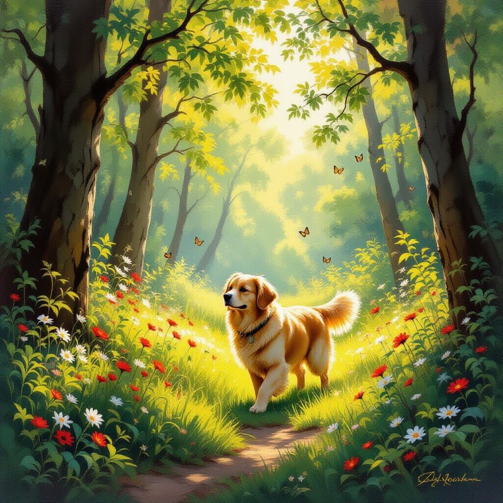 Golden Retriever Explores Sunlit Forest Glade in Impressioni...
