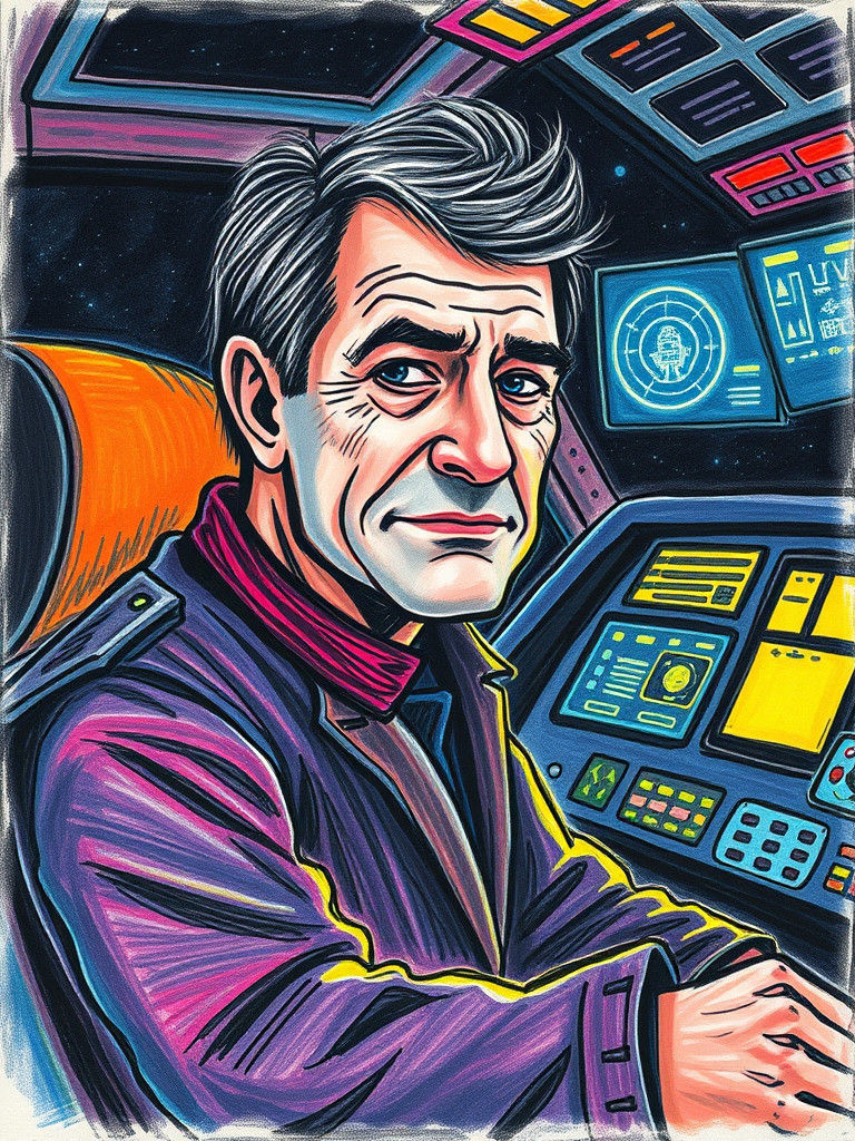 Childlike Crayon Drawing: Rugged Spaceship Captain