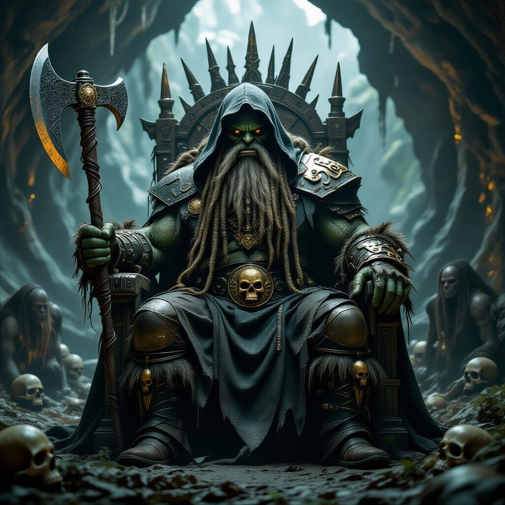 Ogre King on Skull Throne in Dark Cave