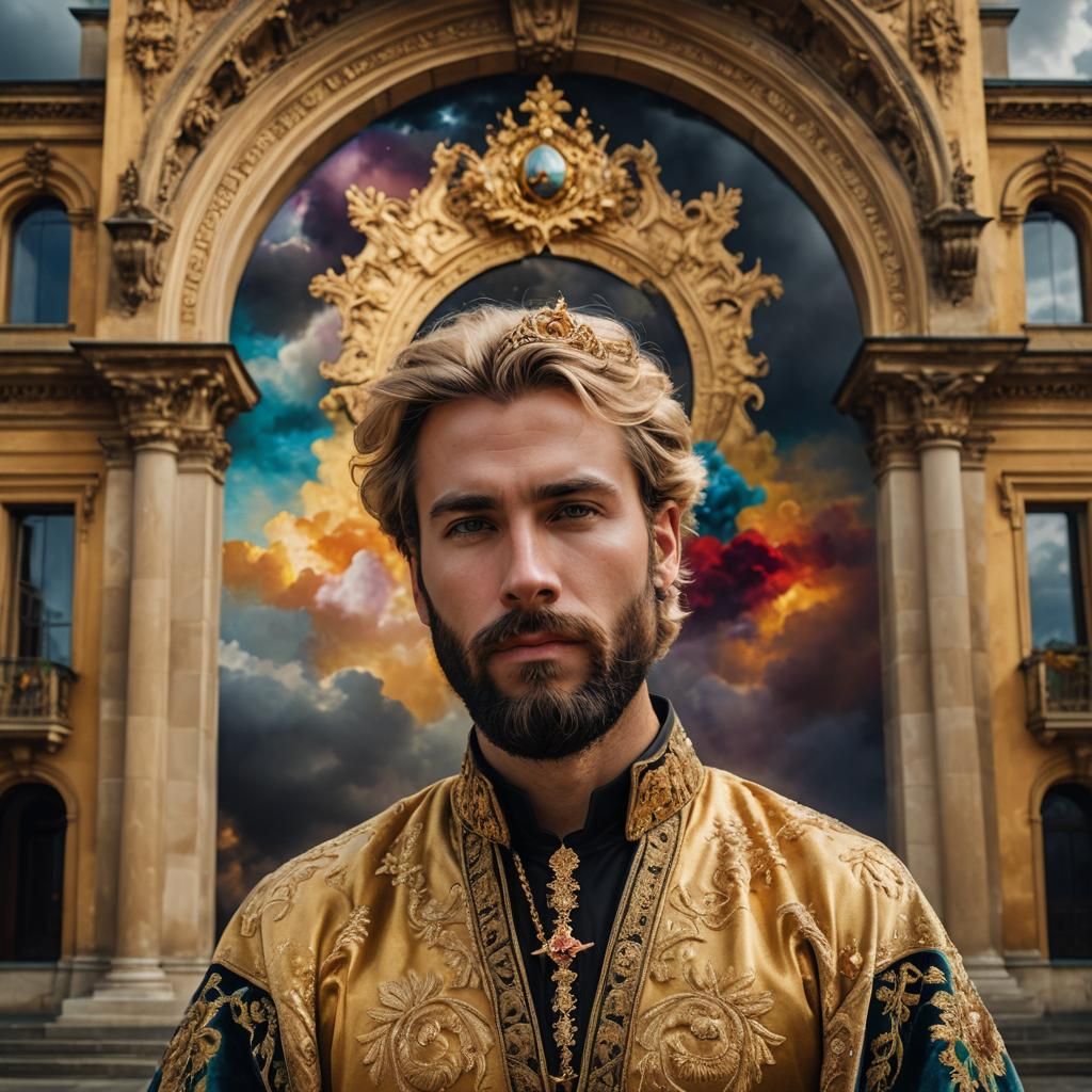 Regal Portrait: Blond Man with Crown in Oil Painting