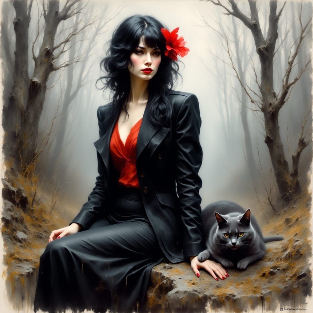 Elegant Woman and Cat in Foggy Woodland