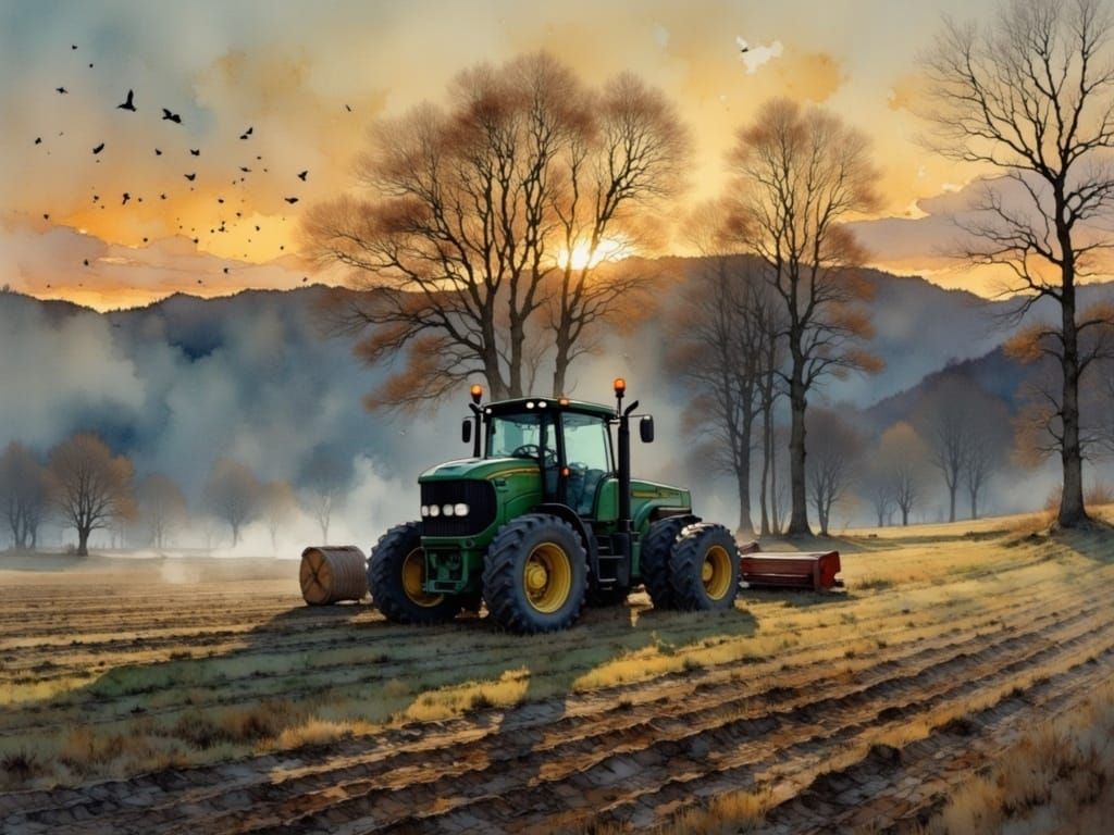 Foggy November Morning: Tractor in Watercolor Landscape