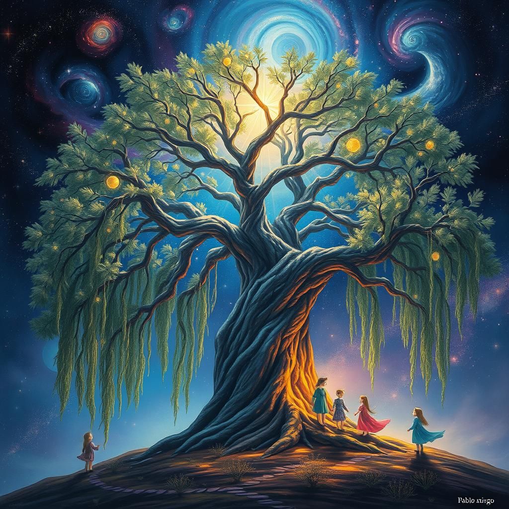 Ethereal Willow Tree Under Cosmic Sky